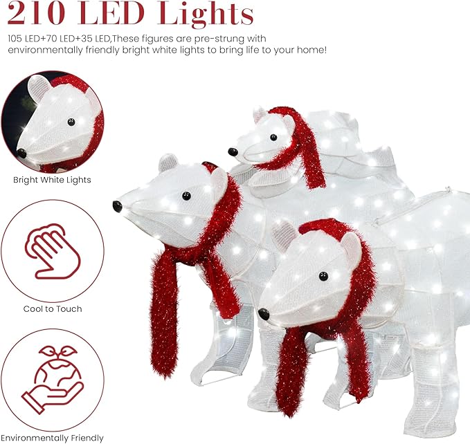 AWQM 3-Piece Lighted Polar Bear Family,Large Outdoor Indoor Christmas Decorations for Front Yard,Holiday Light Up Decorations w/ 210 LED Lights, Stakes, Zip Ties - White