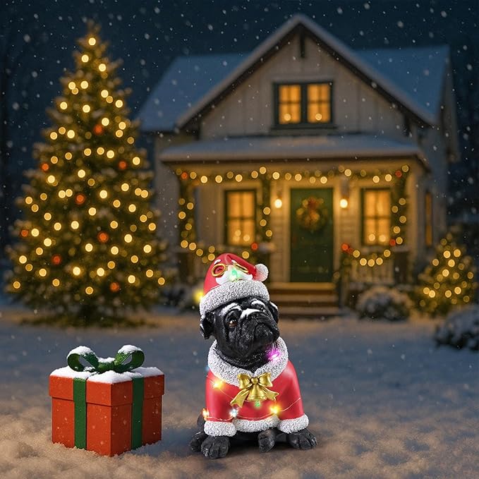 Christmas Outdoor Decoration Dog Statue, LED Light Cute English Bulldog Sculpture with Santa Outfit & Lights for Garden and Yard, Indoor Holiday Décor Gift for mom and dad