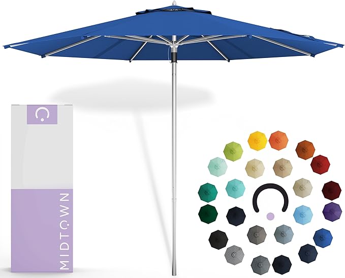 Midtown Umbrellas Push Pop Sunbrella Umbrella 8 Feet Outdoor Umbrella in Dark Blue Acrylic Fabric - Patio, Backyard, Garden, Picnic Table & Pool - Black Pole