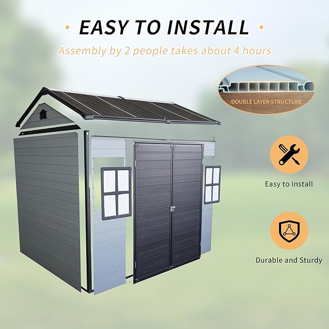 LANTRO JS Outdoor Storage Shed, 8x6FT Plastic Storage Shed with 2 Windows and Lockable Door for Garden Tools, Bike, Lawnmower, Grey and Black
