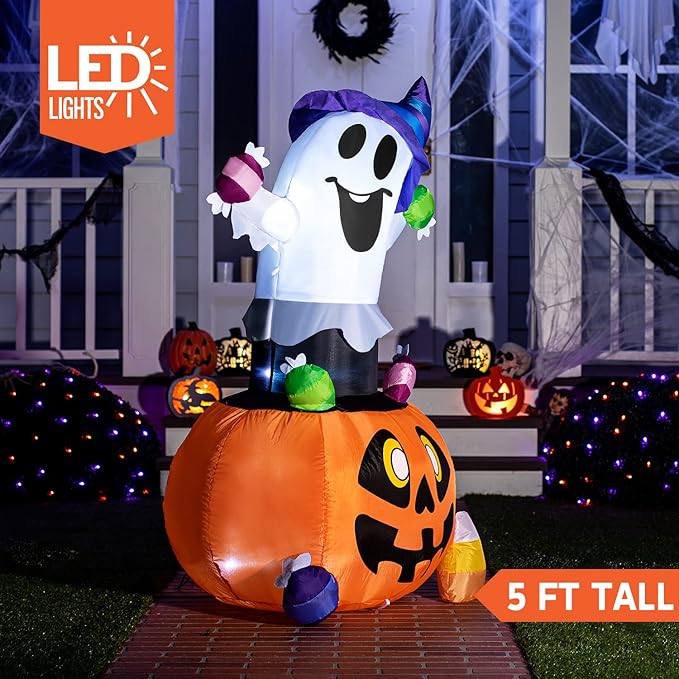 Joiedomi 5 FT Tall Halloween Inflatable Ghost Outdoor Decor, Blow Up Ghost Gripping Candy on Pumpkin with LED Lights, Halloween Yard Decoration for Garden