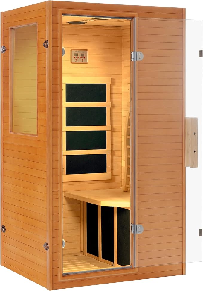 1 Person Infrared Sauna, Home Sauna Hemlock Wooden Indoor Dry Saunas Room, Low EMF 950W/110V Heaters Panels, Bluetooth Speakers, Reading Lamp