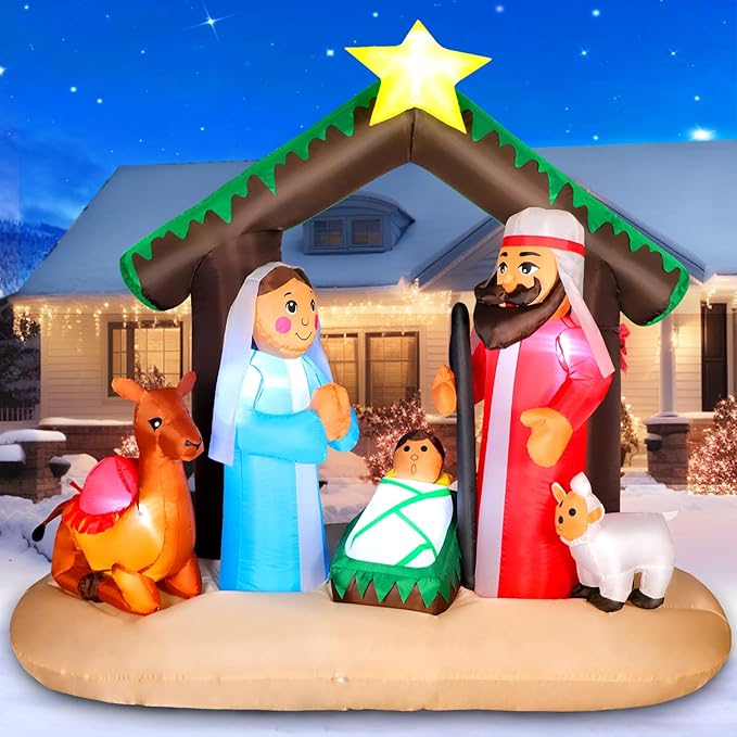 7FT Christmas Inflatable Nativity Scene with Baby Jesus, Parents, Donkey, Sheep, Star, Blow Up Manger Set Indoor & Outdoor Decorations, Built-in LED Lights for Garden, Lawn, Yard, Christmas Parties