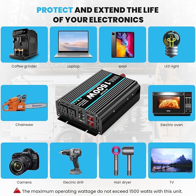 1500W Pure Sine Wave Inverter 12V DC to 110/120V AC Power Inverter with 2 AC Outlets, 3.1A USB Port, LCD Display, Remote Controller, Car Power Converter for Truck, Home, Vehicles, Boat