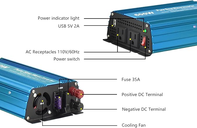 DC 12V to AC120V Pure Sine Wave Power Inverter 600W with Dual sockets Output and DC 5V 2Amp USB Output. Ideal for Most Small Power appliances. (600W)