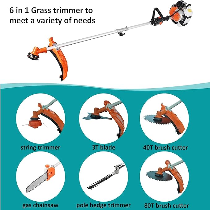 52CC Gas Weed Wacker, 6-in-1 2-Stroke String Trimmer and Brush Cutter, Multifunction Grass Trimmer, Lawn Edger, Hedge Trimmer, Pole Saw for Yard, Lawn, Garden and Landscaping (Gas Powered 52cc Orange)