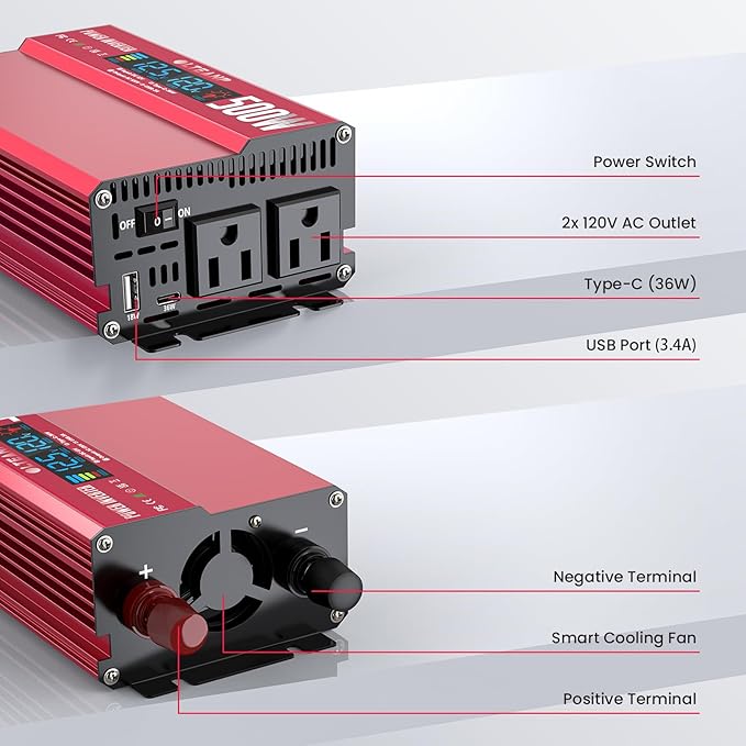500W Power Inverter with LCD Screen Display, 2 AC Outlets, 36W Type-C Port, 5V/3A USB Port, 12V DC to 110V/120V AC Inverter for Truck, Home, Vehicles, Laptop, Trip