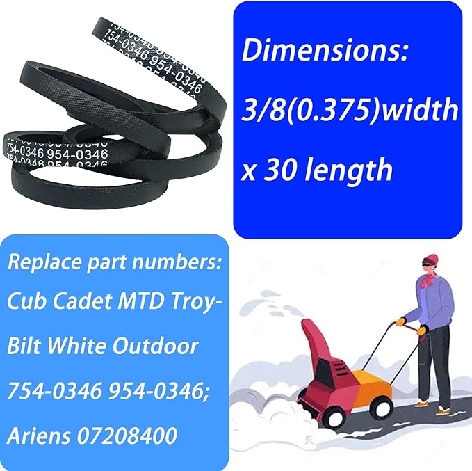 754-0346 Snowblower Auger Drive Belt 3/8" x 30" for Cub Cadet MTD Troy-Bilt White Outdoor 754-0346 954-0346 Ariens 07208400 S-tens 265-013 Toro 6552(2 Pcs)