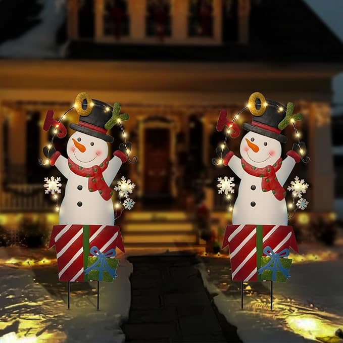 Solar Christmas Lights Outdoor Garden Stakes, 30in Metal Snowman Yard Signs with LED String Lights, Waterproof Christmas Decor for Xmas Lawn Pathway Patio Party Winter (Snowman)