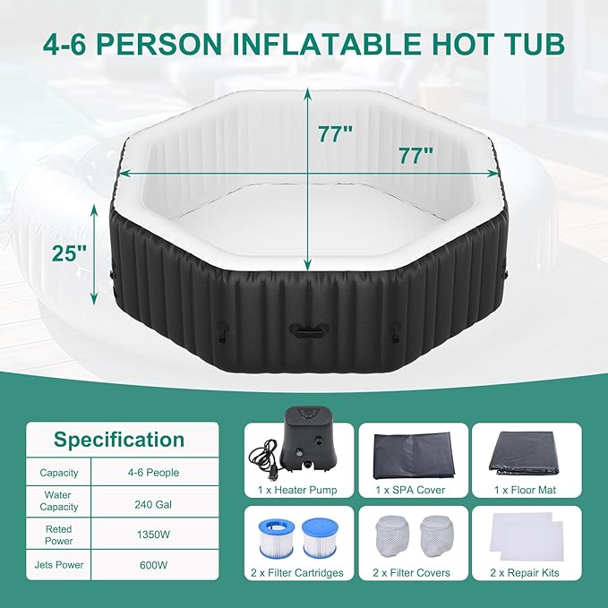 DoCred 4-6 Person Inflatable Hot Tub, 77" X 77" X 25" Octagonal Blow up Portable Hot tub with 130 Bubble Jets, Large Outdoor Spa Bathtub Set Included Heater Pump, Insulated Cover and Filter