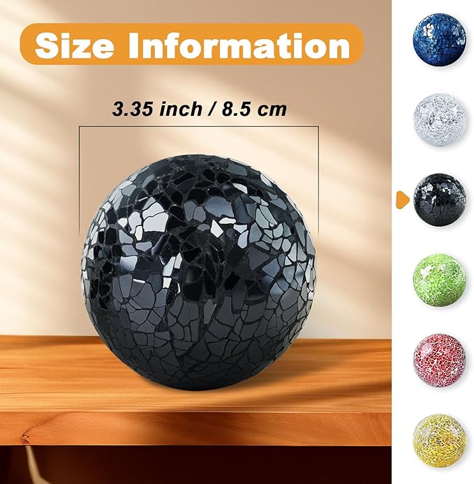 Decorative Balls for Centerpiece Bowls Black Mosaic Glass Orbs Sphere Crack Ball Mirror Globe Sparkle Coffee Table Decor Vase Filler Home Christmas 3 Pcs 3.35 Inch