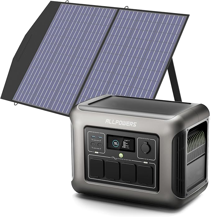 ALLPOWERS R1500 LITE 1600W/1056Wh & 3500+ Cycle LiFePO4 Battery with 4xAC Outlets, 650W MPPT, and UPS <15ms for Home, RV, Outdoor. (R1500 LITE+SP027-100W)
