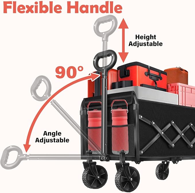 Wagons Carts Foldable, 360 Lbs with Adjustable Handle, Black Lightweight Portable, Collapsible Wagon for Camping, Shopping, Sports, Travel, Garage and Gardening Storage with Drink Holders