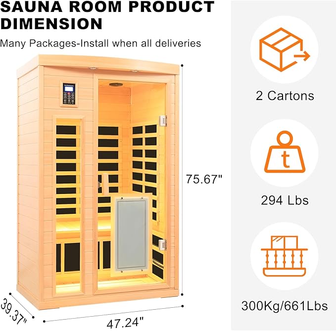 Ceramic Infrared Sauna, 2 Person Infrared Saunas for Home, Hemlock Wood Sauna Room, 2 in 1 Indoor Sauna with Low EMF Heaters 1750W/120V + Ceramic Heating Cubes-Chromotherapy-Bluetooth Speaker