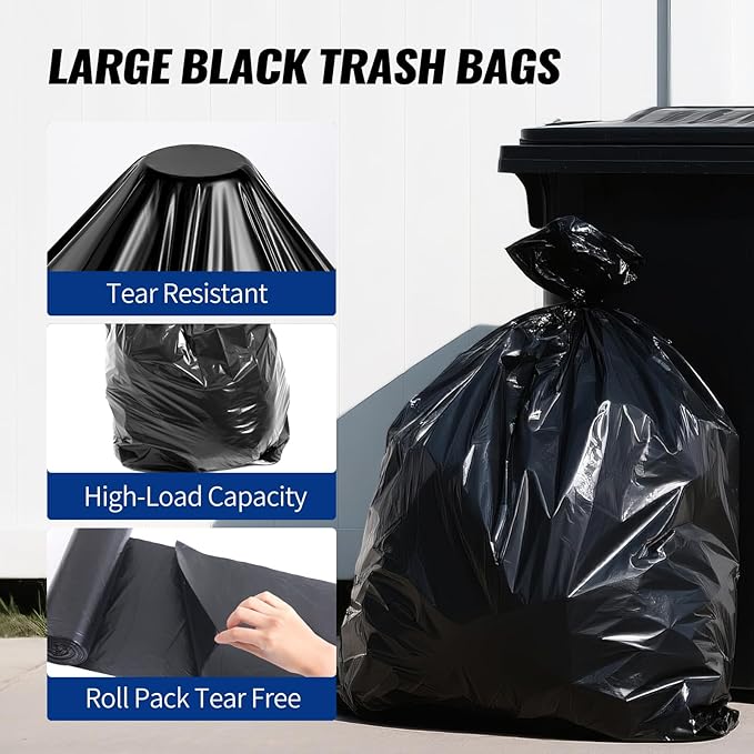 120 Count 55-60 Gallon Trash Bags, Tear-Free Large Black Garbage Bags for Kitchen, Office, Outdoor, Commercial Use, Lawn and Leaf Bags, Lightweight 17 Micron Design for Daily Dry Waste