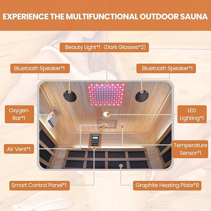 Outdoor Sauna 2 Person Sauna Infrared Saunas Dry Sauna Room 2080W/110V Low EMF Outer Board Red Cedar/Inner Board Fir Wood, Oxygen Bar, Speaker, LCD Control Screen, LED Lights - 48.8*38.2*81.9 in