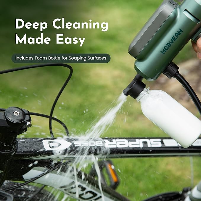 Hooyeah Portable Cordless Pressure Washer, Lithium Battery Powered Handheld Water Sprayer, Max 217 PSI, 5-in-1 Nozzle & Foam Pot, Type-C Charging Foldable Pressure Washer Gun for Car, Bikes, Patios