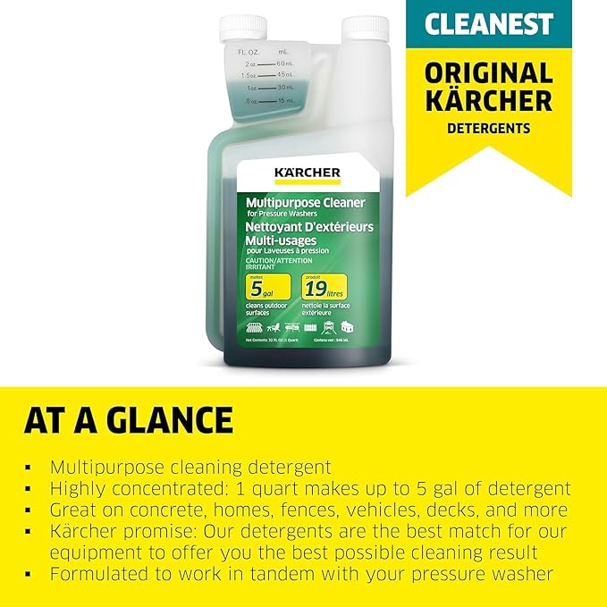 Kärcher Multi Purpose Pressure Washer Detergent, Removes Dirt and Grime from Fences, Siding, Patios, Driveways, Sidewalks, Concrete and More, Highly Concentrated, 1 Quart