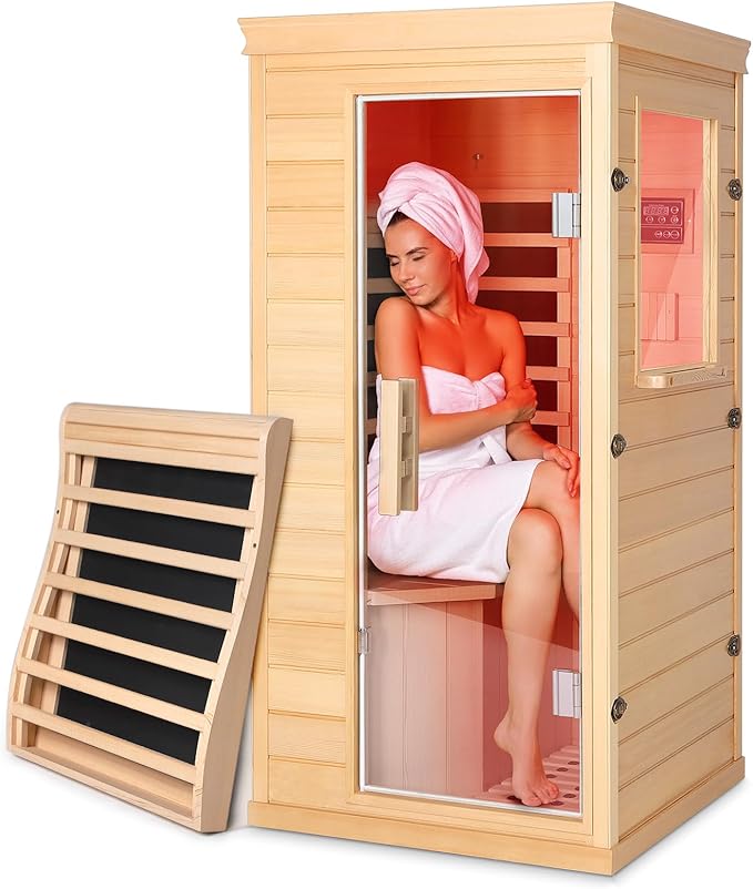 Far Infrared Sauna - 1 Person Infrared Sauna Red Light Therapy for Home, 850W 110V Canadian Hemlock Wood Saunas with Control Panel/Tempered Glass Door/Speakers, Mini Sauna Dry Room (Wood)