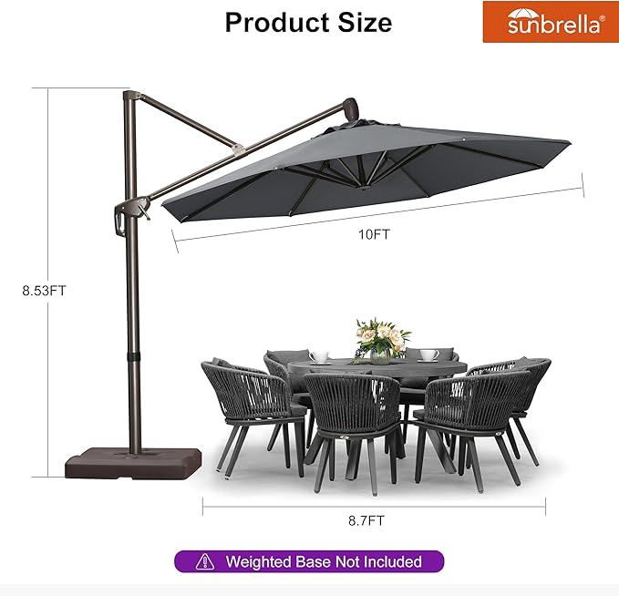 PURPLE LEAF 10FT Cantilever Patio Umbrella with 360-degree Rotation Aluminum Round Outdoor Offset Hanging Umbrella for Patio Pool, Deep Grey