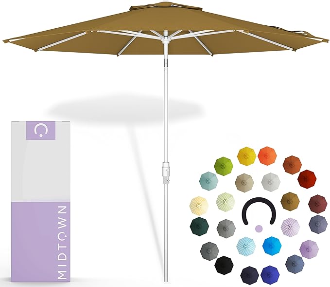 Midtown Umbrellas The Swilt 8 Feet Patio Umbrella in Terylast Sand (Tan) Polyester Fabric - Fiberglass Ribs, Auto-Tilt Aluminum Frame For Backyard, Deck, Garden, Pool - White Pole