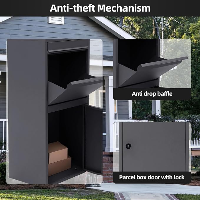 40in Mailboxes for Outside, Heavy Duty Steel Outdoor Package Delivery Box, Parcel Package Drop Box with Adjustable Anti-theft panel,Grey Anti theft Package Delivery Box