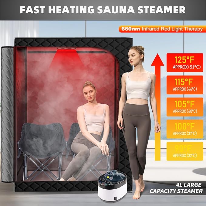 Portable Infrared Saunas for Home, One Person Steam Sauna, Full Body Steam Tent for Relaxation,2 Person Steam Saunas Box with 660nm Red Light Therapy, 4L&1500W Sauna Steamer, Folding Chair