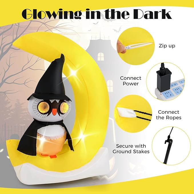 Goplus 5.1 Ft Halloween Inflatables, Pre-Lit Owl on The Moon with Witch Hat, Blow up Cute Halloween Decoration with Built-in LEDs, Holiday Outdoor Indoor Decoration for Party, Lawn, Yard