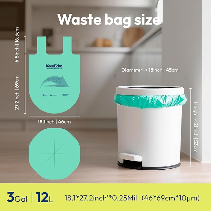 3 Gallon 200 Counts Small Green Trash Bags with Handle, Ocean Fishing Nets Upcycling, Sage & Sea Salt Scented, Plastic Garbage Bags, Waste Bag for Kitchen, Bathroom, Office and Pets