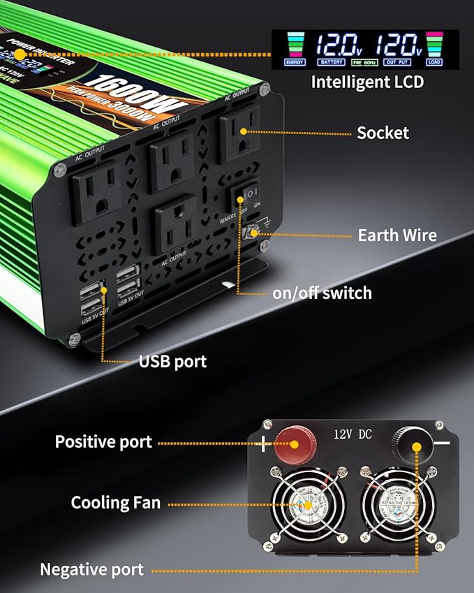 1600W Pure Sine Wave Power Inverters, LVYUAN 3000W Peak Power 12V DC to AC 120V Converter for Vehicle, RV, Off-Grid Solar, Remote Control 4 AC Outlets, 4 USB Ports Inverter with LCD Display