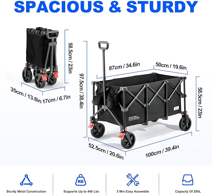 200L Collapsible Foldable Wagon, Large Heavy Duty Wagon Cart with 440lbs Weight Capacity, Folding Utility Wagon with Brake for Camping, Garden, Sports, Picnic, Shopping (Black)