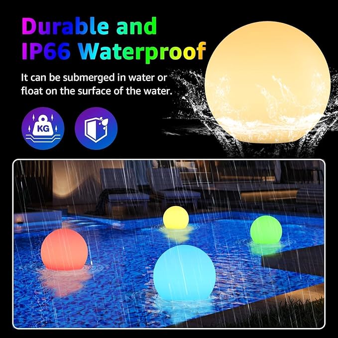 FUYO LED Ball Light, 16-inch Solar Light Up Pool Balls, Rechargeable & Remote Control Globe Lights 16 RGB Colors Mood Night Light, IP66 Water-Resistant Floating Light for Pool, Party, Pond - 1pcs
