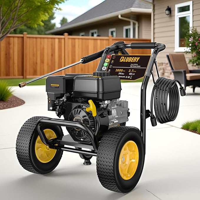 BLUBERY 3600 PSI Gas Pressure Washer, 2.7 GPM Heavy Duty High Power Washer, 30Ft Pressure Hose&Soap Tank,5 Pressure Nozzles,Black