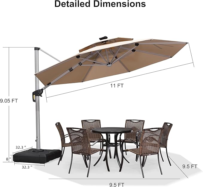 PURPLE LEAF 11ft Patio Umbrella With Base Solar powered LED Cantilever Umbrella with LED lights Windproof Outdoor Offset Umbrella for Garden Deck Pool Patio, Beige