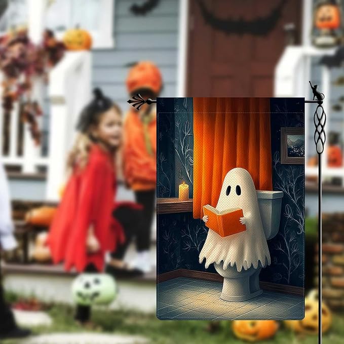 Vintage Cute Ghost Reading on Toilet Garden Flag Halloween Holiday Garden Flag Vertical Double Sided Rustic Farmland Burlap Yard Lawn Outdoor Decor 12.5x18"