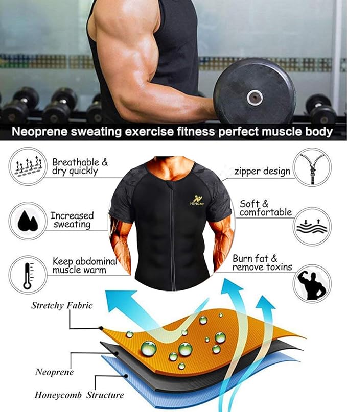 NINGMI Sauna Suit for Men Hot Sweat Suit Sauna Shirt Sweat Body Shaper Workout Neoprene Suit Zipper Short Sleeve