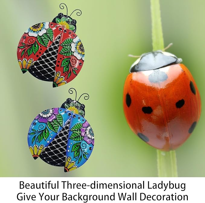 John's Studio 2Pcs Metal Ladybug Wall Decor Outdoor Garden Hanging Art Sculptures Home Ocean Theme Decorations for Kitchen Bathroom and Pool