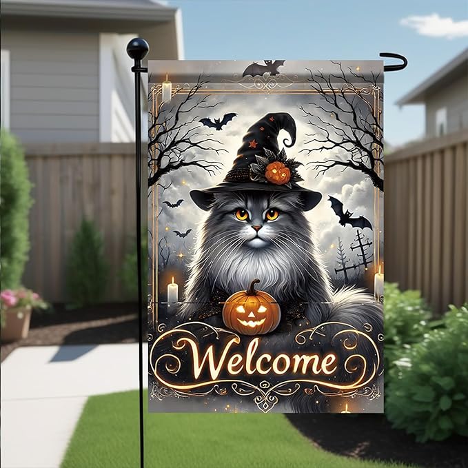 Halloween Garden Flag Maine Coon Cat Flag 12x18 Inch Double Sided Outdoor Holiday Yard Decoration Seasonal House Lawn Decor Porch Patio Farmhouse Outside Fall Welcome Banner