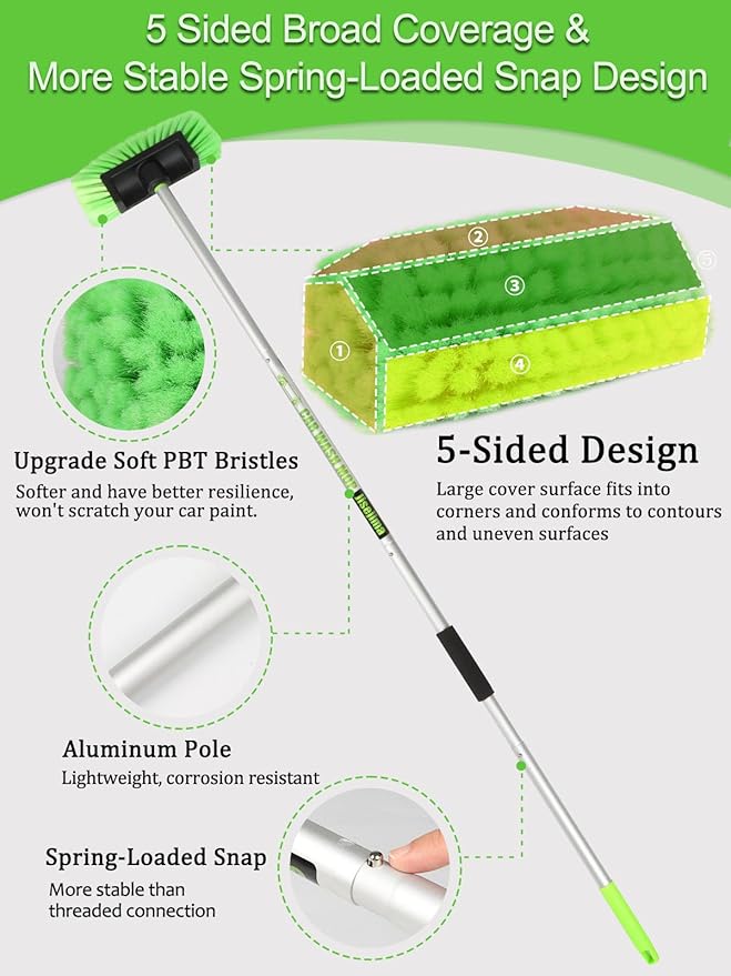 Five-Sided Car Wash Brush with Long Handle，Soft Bristle Scrub Cleaning Mop with Extendable Handle for Car, SUV, Truck, Caravan, Boat, House Siding, Sweep Snow 60”/151cm