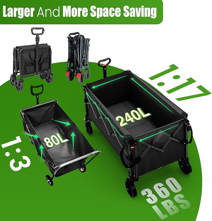 Extra Large Foldable Wagons Extended Clearance, 250L Collapsible Wagon with Tailgate, 49”L Folding Wagons with Brakes, Grocery Wagon, Utility Cart for Sports, Shopping, and Camping, Black