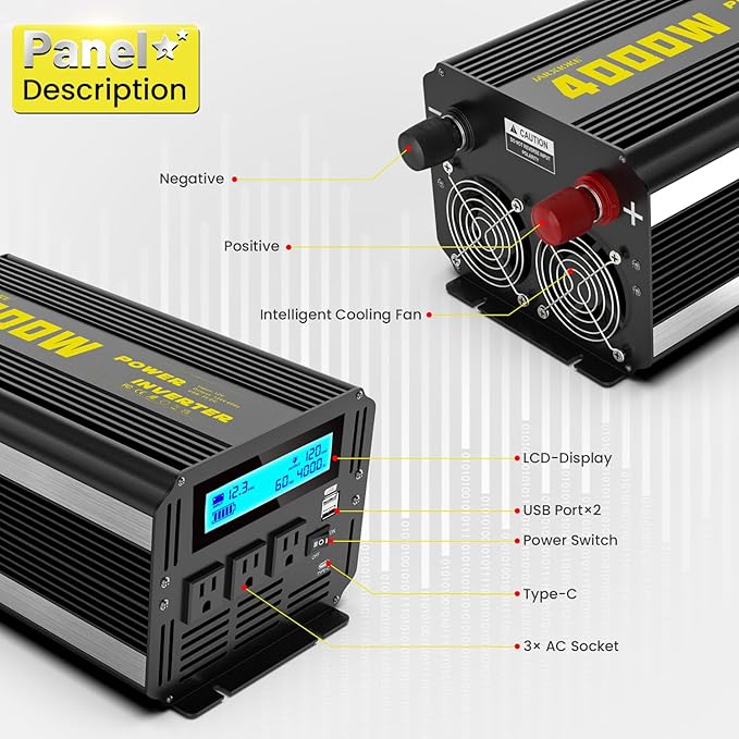 4000 Watt Modified Sine Wave Power Inverter, 12V DC to AC 110V/120V (Peak) 8000W Converter 3 Outlet Car Inverter with Remote Control and LED Display 3.4A USB Port