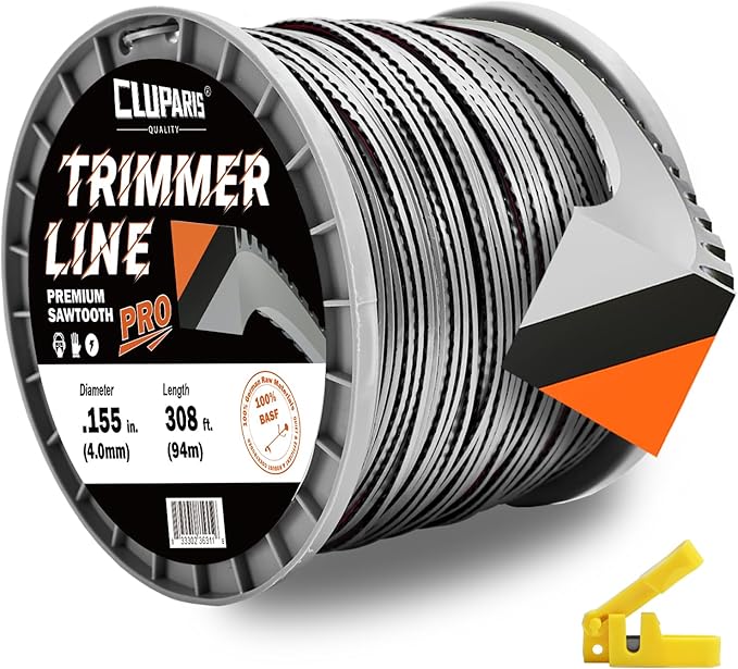 Cluparis 155 Sawtooth Trimmer line Heavy Duty for Push String Trimmer 3-Pound, 0.155" Nylon Weed Eater String .155-inch-by-308-ft Commercial String Trimmer Line in Spool with Line Cutter