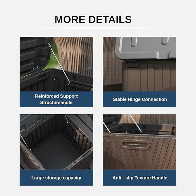 60 Gallon Outdoor Storage Box, Waterproof Patio Deck Box with Lockable Lid, Heavy-Duty HDPE Bench for Garden Tools, Cushions (Brown, 60 Gallon)
