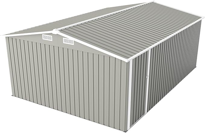 10x14 FT Outdoor Metal Storage Shed with Lockable Door, Steel Garden Utility Shed with Vents, Backyard Patio Tool Shed for Lawn Equipment, Bike, Firewood and Mower Storage, Light Gray