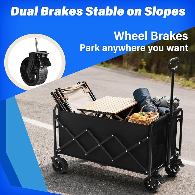 Wagons Carts Foldable, 500 Lbs with Adjustable Handle, Black Lightweight Portable, Collapsible Wagon for Camping, Shopping, Sports, Travel, Garage and Gardening Storage with Drink Holders