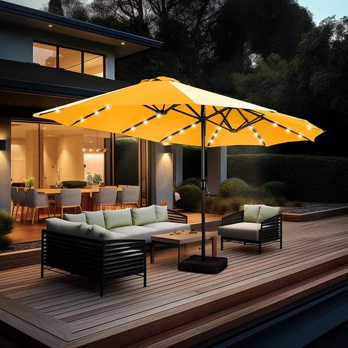 GREEN PARTY 15 ft Rectangle Patio Umbrella with Solar Lights and Base Included, Double-Sided Market Table Umbrella with Crank, Large Outdoor Umbrellas for Patio Poolside Garden Backyard, Gold Yellow