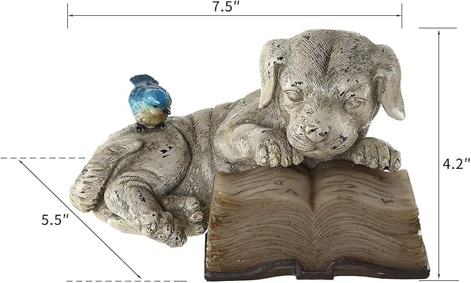 Topadorn Resin Dog Statue Solar Power Outdoor Statuary Cute Puppy for Garden Decoration, Dog Read a Book