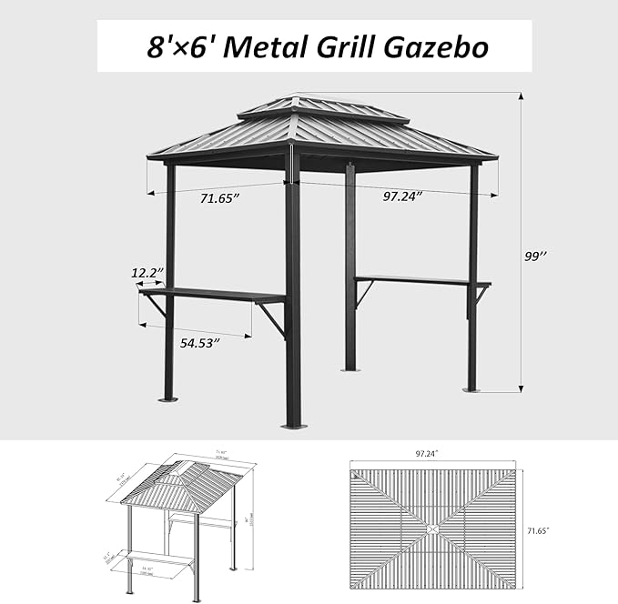 Domi Grill Gazebo 8' × 6', Outdoor Aluminum Frame BBQ Gazebo with Shelves Serving Tables and Hooks, Permanent Double Roof Gazebos for Patio Lawn Deck Garden (Dark Grey)