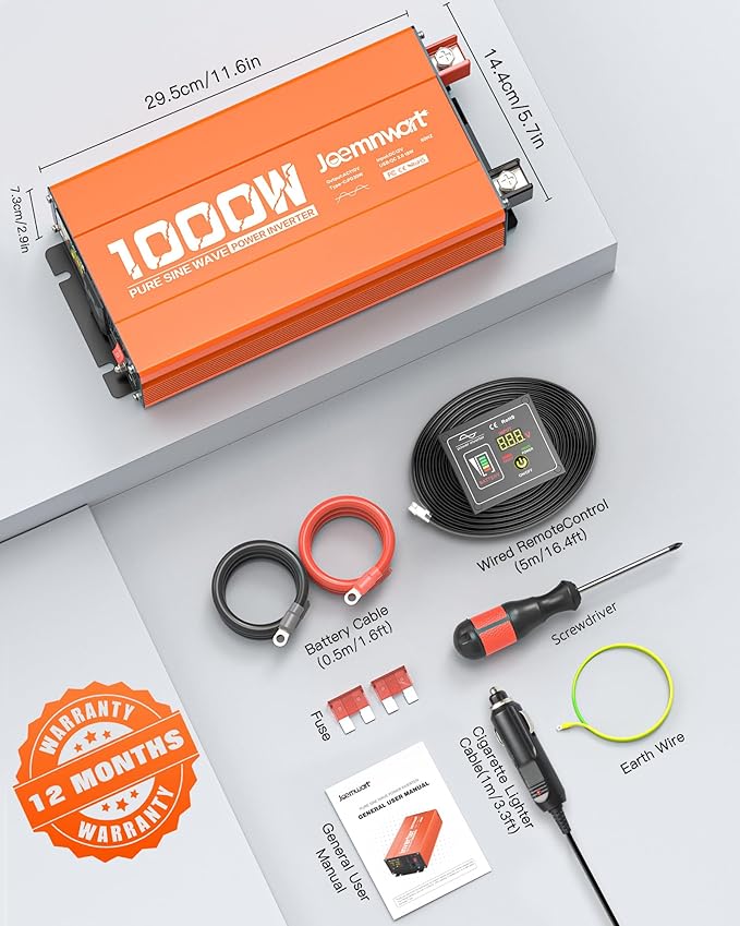 1000W/2000W(Peak) Power Inverter DC 12V to 110V AC with LCD Display, Remote Control, 2 AC Outlets, Fast Charging USB Charger, Car Pure Sine Wave Inverter for Car Home Laptop Truck