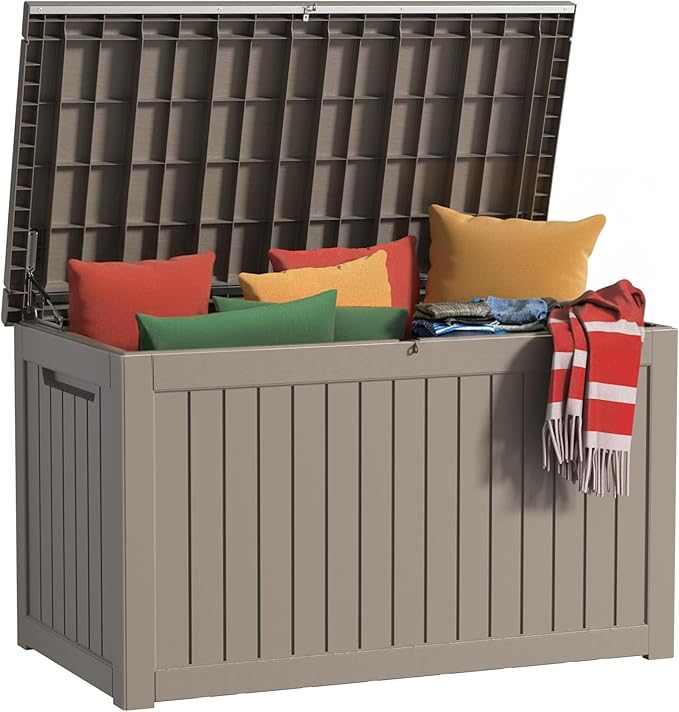 EasyUp 230 Gallon Outdoor Storage Box Waterproof, UV Resistant Resin Deck Box with Hydraulic Rod, Reinforced Stability for Patio, Garden, Striped Gray